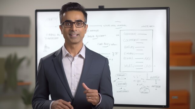 handsome young indian businessman executive manager holding presentation of growth concept idea in front of shareholders in meeting office of a company. showing finger on white board. Generative AI