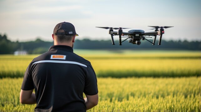 professional drone operator controlling a drone in a field, generative ai