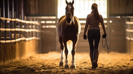 equestrian rider training a horse in a stable, generative ai - obrazy, fototapety, plakaty