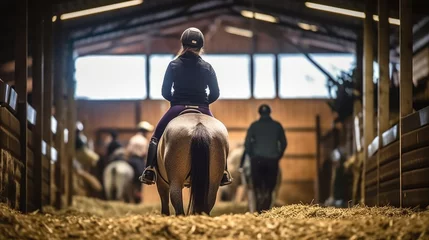Foto op Plexiglas anti-reflex equestrian rider training a horse in a stable, generative ai © ThisDesign