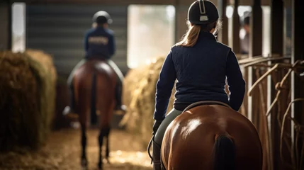 Deurstickers equestrian rider training a horse in a stable, generative ai © ThisDesign
