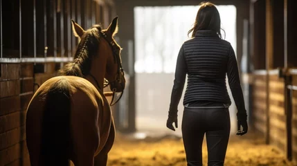  equestrian rider training a horse in a stable, generative ai © ThisDesign