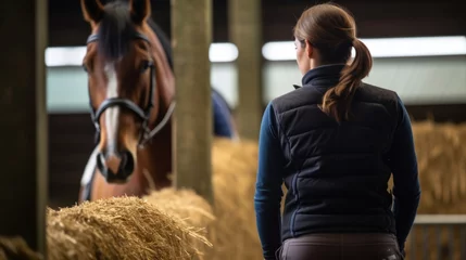 Rolgordijnen equestrian rider training a horse in a stable, generative ai © ThisDesign