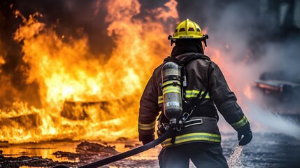 professional firefighter putting out a fire during a drill generative ai