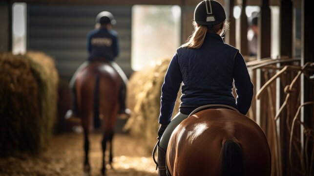 equestrian rider training a horse in a stable, generative ai © ThisDesign