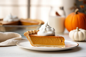Slice of traditional pumpkin pie for Thanksgiving dinner, topped with whipped cream, generative AI - Powered by Adobe