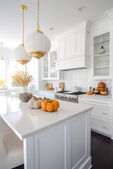 White modern kitchen decorated for fall with orange pumpkins and leaves, generative AI