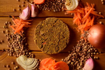 Home Made Vegetarian Burgers With Ingredients Around On Wooden Background