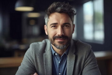Handsome cheerful man seated in workplace, gazing at lens.