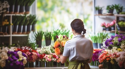 Fototapeta na wymiar florist arranging a bouquet in a bright flower shop generative ai