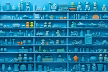 Many little blue objects arranged neatly in rows on shelves, collection of weird little funny objects, generative AI