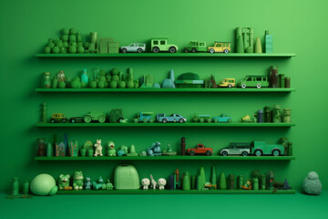 Many little green objects arranged neatly in rows on shelves, collection of weird little funny objects, generative AI