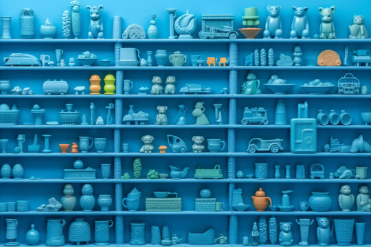 Many little blue objects arranged neatly in rows on shelves, collection of weird little funny objects, generative AI