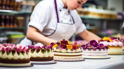 pastry chef decorating a cake in a bakery, generative ai