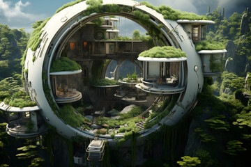 Post-apocalyptic floating dwellings that ingeniously blend survival and innovation.green energy. aftermath of a global flood. spherical shape. made from recycled materials and can be easily assembled.