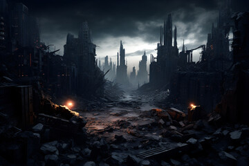 City ruins intertwined with remnants of futuristic architecture. architectural elements with the haunting. chaos. photorealistic. dark tones.