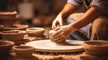 potter shaping clay on a wheel in a cozy studio, generative ai