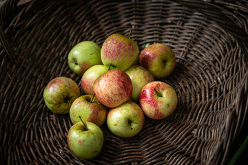 Organic Apples in a brown basket resting on grass.