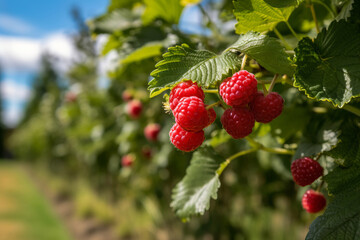 Raspberry plant with ripe red raspberries outside on sunny day in an orchard, generative AI