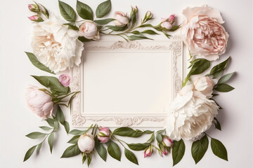 White frame on white background with peonies, flowers and leaves with copy space in the middle, generative AI