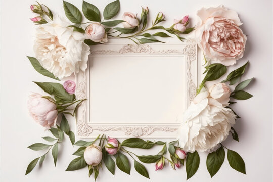 White frame on white background with peonies, flowers and leaves with copy space in the middle, generative AI - Powered by Adobe