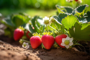 Strawberry plant with ripe red strawberries outside on sunny day in an orchard, generative AI