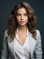 Photorealistic concept of one female, young business woman, executive, CEO wearing a grey white suit