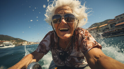 Photorealistic concept of one elderly woman, doing water sports, having fun in summer at the ocean, happy expression