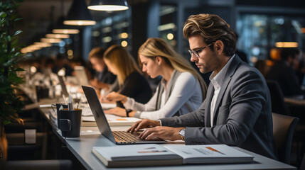 White man working on a laptop in a corporate office, wearing a suit and glasses, focused on a project