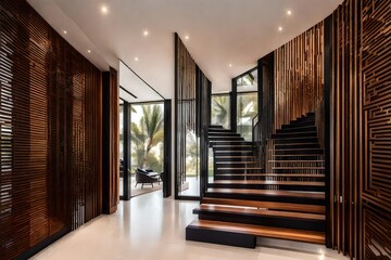 interior of a room, modern living room, Interior design of modern entrance hall with staircase in villa.