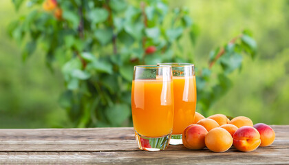 glasses of apricot juice on wooden table on green background. freshly picked apricots in the garden...