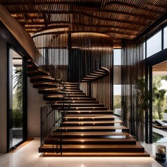interior of a room, modern living room, Interior design of modern entrance hall with staircase in villa.