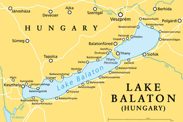 Lake Balaton, political map. Freshwater rift lake in the Transdanubian region of Hungary in Europe. Tourist region with many resort towns. Most popular are Siofok, Keszthely, Balatonfured and Zamardi.