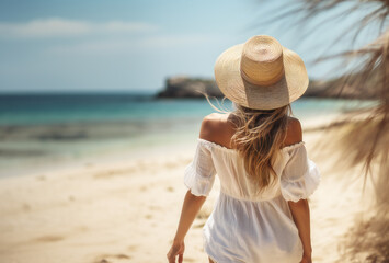 Fototapeta na wymiar Elegant Woman with White Dress and Hat by the Sea
