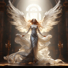 Beautiful angel ascending in the cathedral - obrazy, fototapety, plakaty