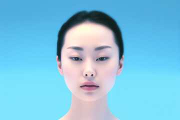 Ultra-detailed close-up depiction of an illustrated young woman radiating optimism, captured in a studio environment against a compelling pastel Blue backdrop. Generated using Generative AI.