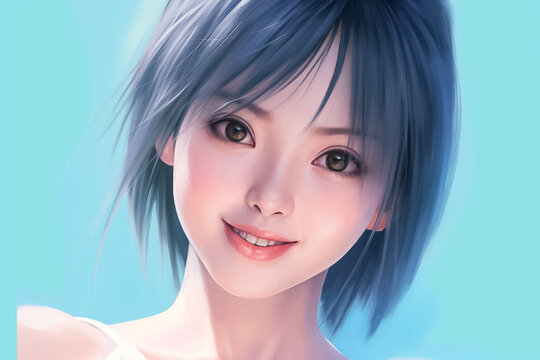 Ultra-detailed close-up depiction of an illustrated young woman radiating optimism, captured in a studio environment against a compelling pastel Blue backdrop. Generated using Generative AI.