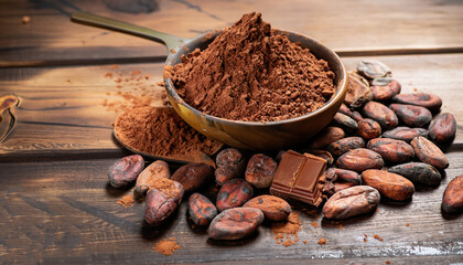 Cocoa beans, powder, crushed cocoa beans and chocolate on wooden background.