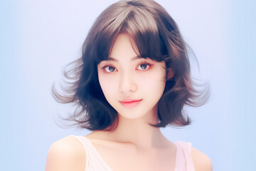 Fototapeta premium a hyper-realistic close-up captures the positive essence of a young woman. With an alluring Blue backdrop of pastel hues, the beautiful model strikes a poised pose. Created using Generative AI.