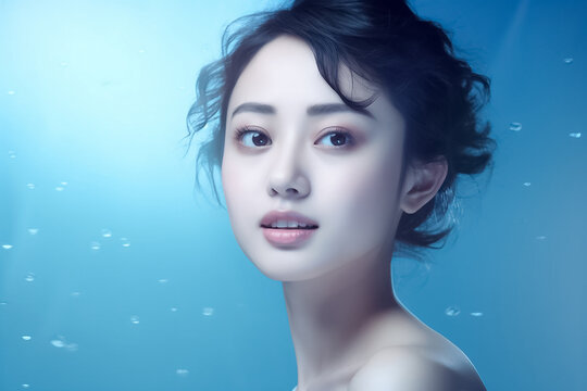 a hyper-realistic close-up captures the positive essence of a young woman. With an alluring Blue backdrop of pastel hues, the beautiful model strikes a poised pose. Created using Generative AI.
