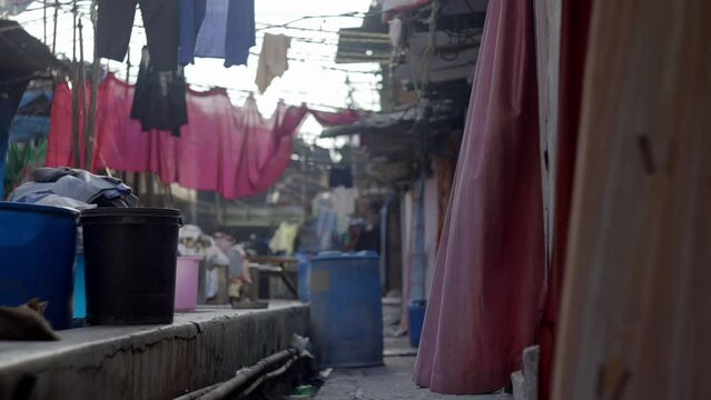 Slum Neighbourhood At Mahalaxmi Dhobi Ghat Laundromat, Mumbai, India. Static Shot