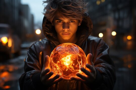 Indian teenager with superpowers holding a glowing power