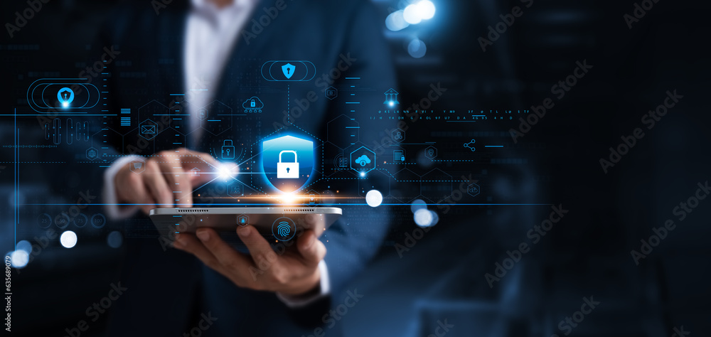 Poster cyber security and data protection, businessman using tablet internet network security, protect busi