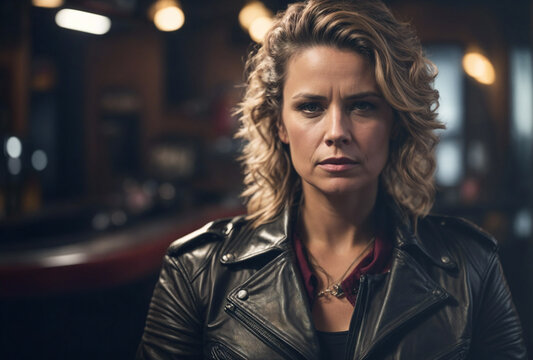 portrait of a biker woman with intense frowny look