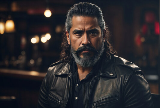 portrait of a Hispanic biker man with intense frowny look