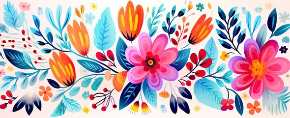 flowers and foliage colorful pattern spring summer background, Generative AI