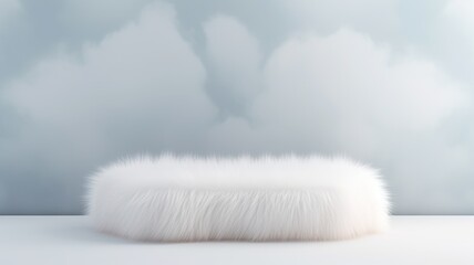 White Fur Abstract Minimalistic Product Podium. The Scene for Product Presentation. 3D Room with Geometric Platform Stage Pedestal. Ai Generated Podium Mockup for a Product advertisement.