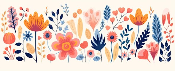 Fototapeta na wymiar flowers and foliage colorful pattern spring summer background, Generative AI