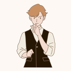 Confident man pointing his thumb to him after solving the problems with pretentious posing. Hand drawn flat cartoon character vector illustration.