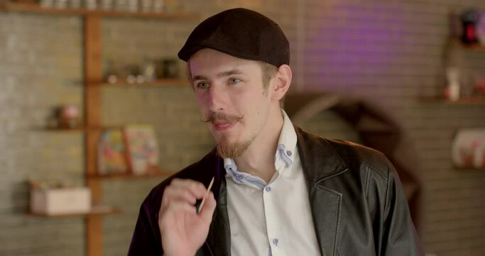 Man with toothpick in his mouth character exudes boldness, confidence, touch of bravado. Individual carries himself with air of assurance, unapologetically embracing his own unique style and persona.